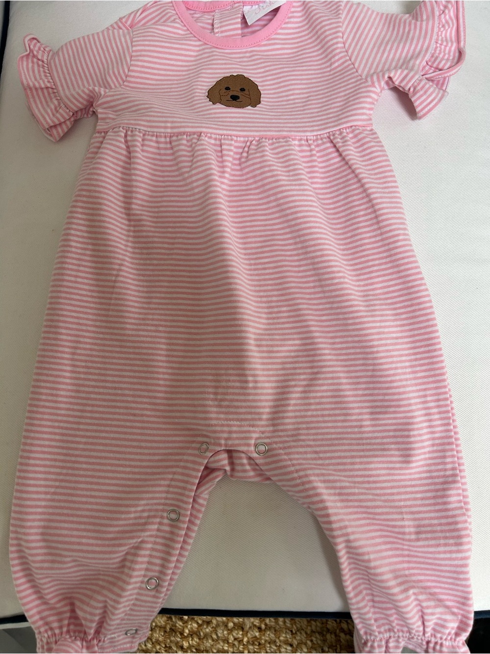 New Stitchy Fish Pink 12m Striped Baby One-Piece Romper with Puppy Motif
